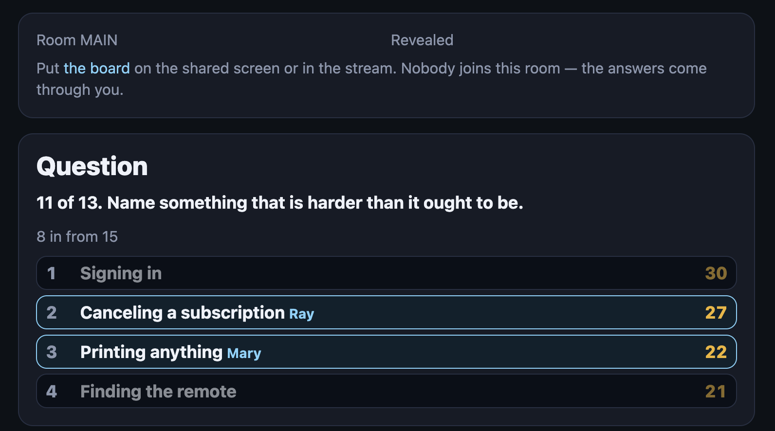 Second Guess host view of the same question, showing the answer sheet alongside a note that reads "Put the board on the shared screen or in the stream. Nobody joins this room — the answers come through you."